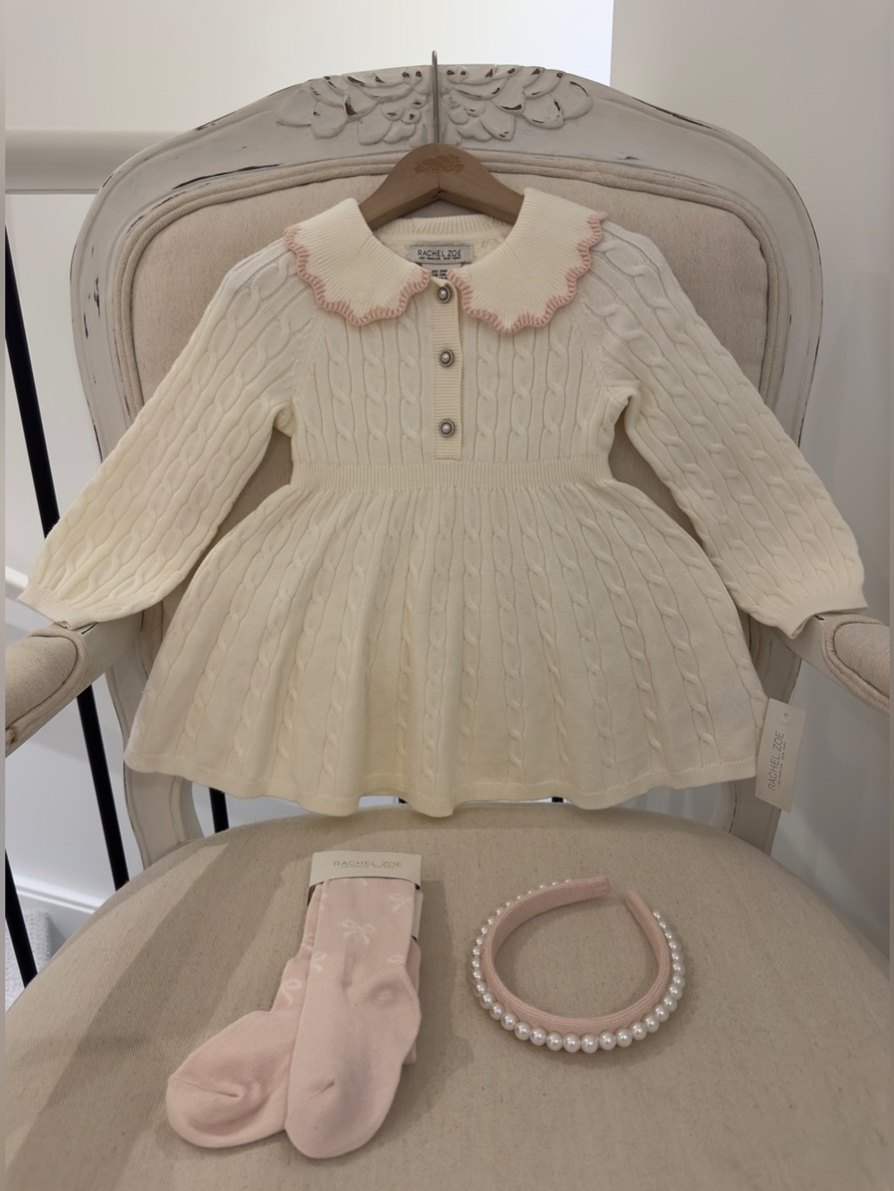 🩰 24 Mth Rachel Zoe Ivory Cable Knit Dress with Pink-Trim Three Piece Set NWT